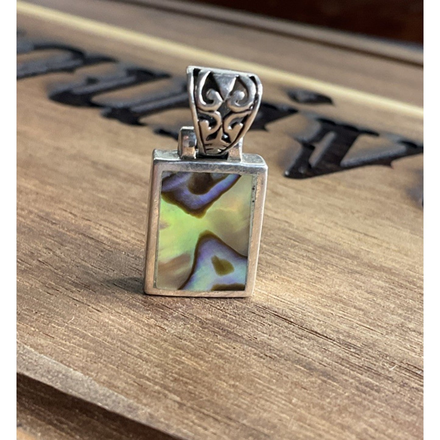 Vintage Sterling Silver Abalone Shell Rectangular Iridescent Pendant