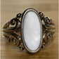 Vintage Sterling Silver Mother of Pearl Ring Oval Cabochon Scroll Filigree Sz 8
