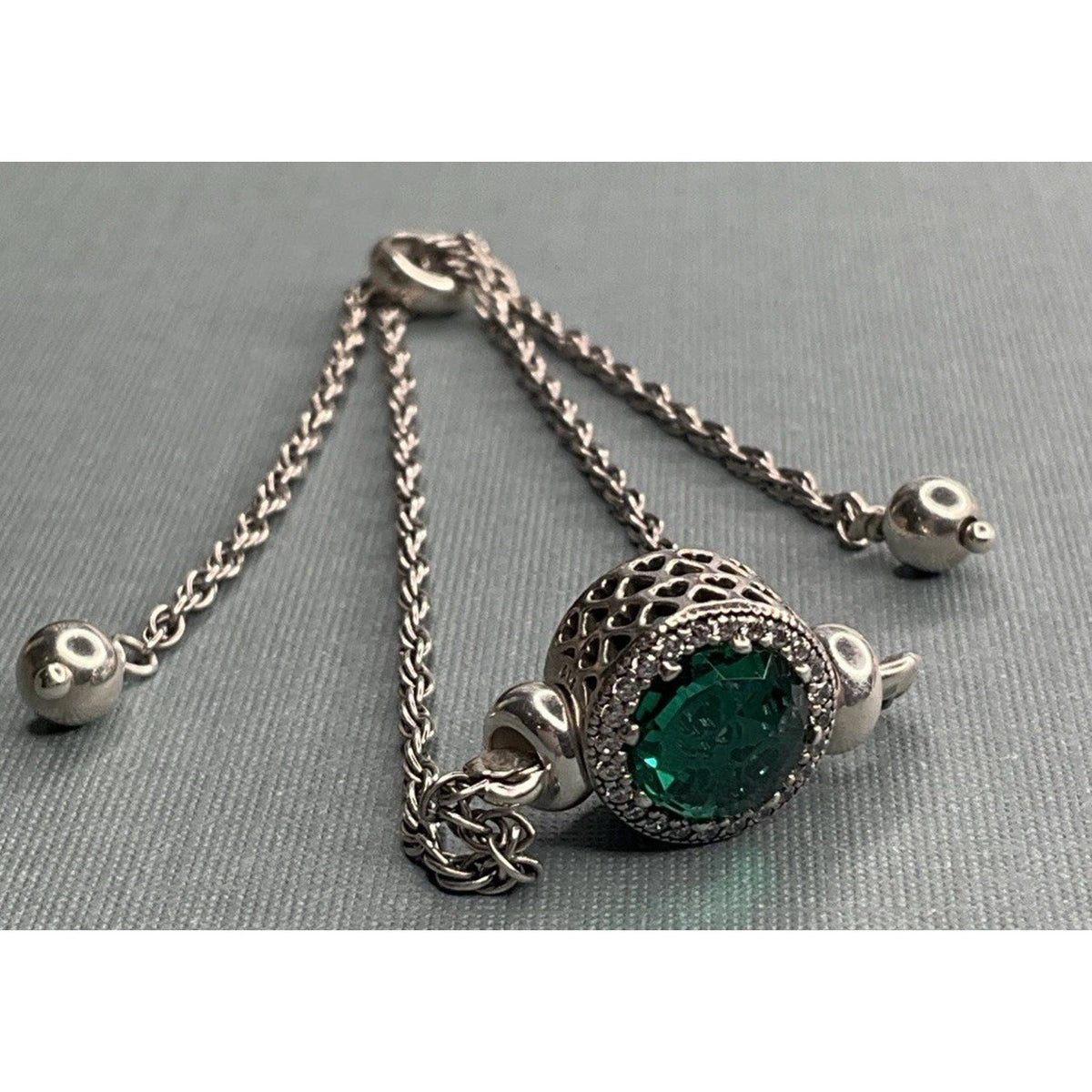PANDORA ALE Sterling Silver Green Crystal Halo Slider Bracelet 6g