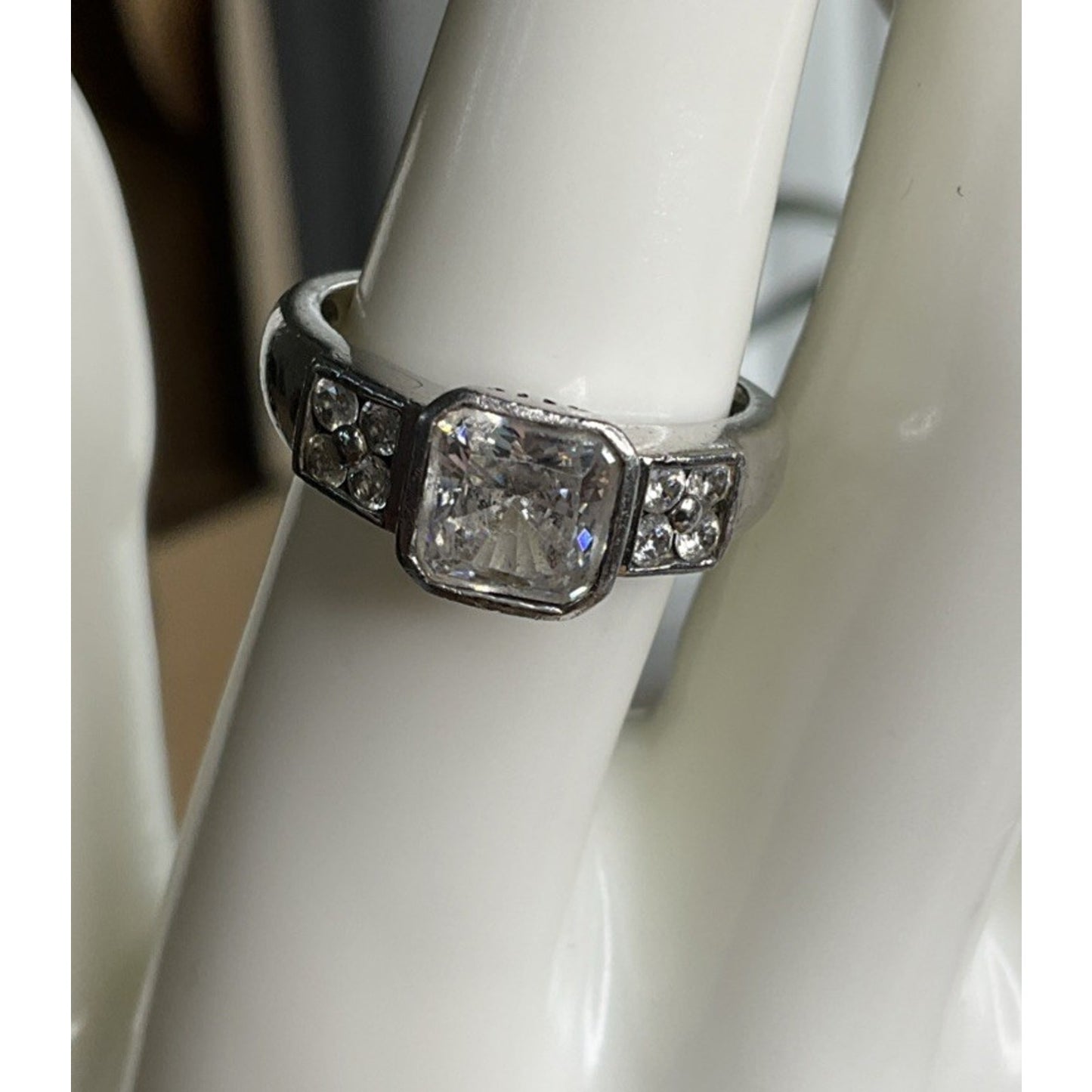 TM 925 Sterling Silver Square CZ Ring Size 7.5 Vintage Style Engagement Ring