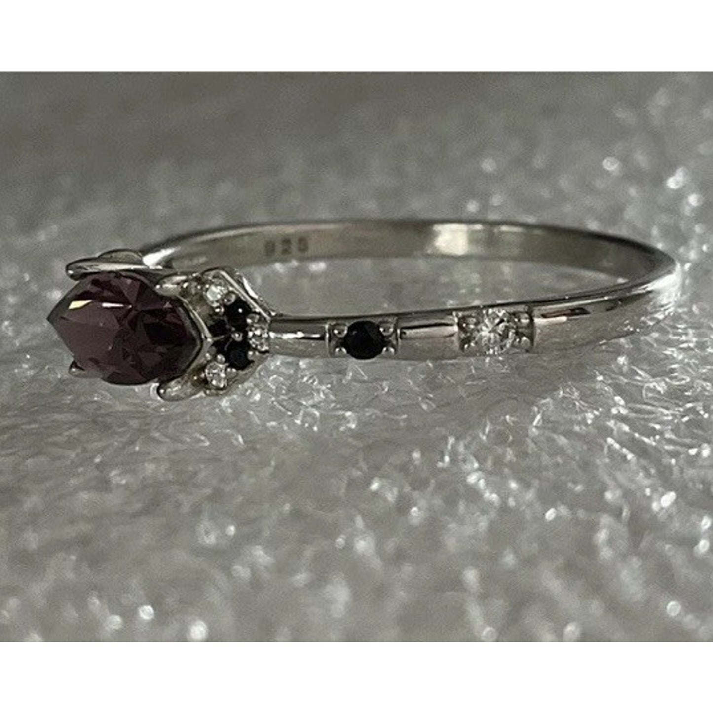 Sterling Silver Pink Marquise Gemstone Ring – Black Spinel & CZ Accents Size 10