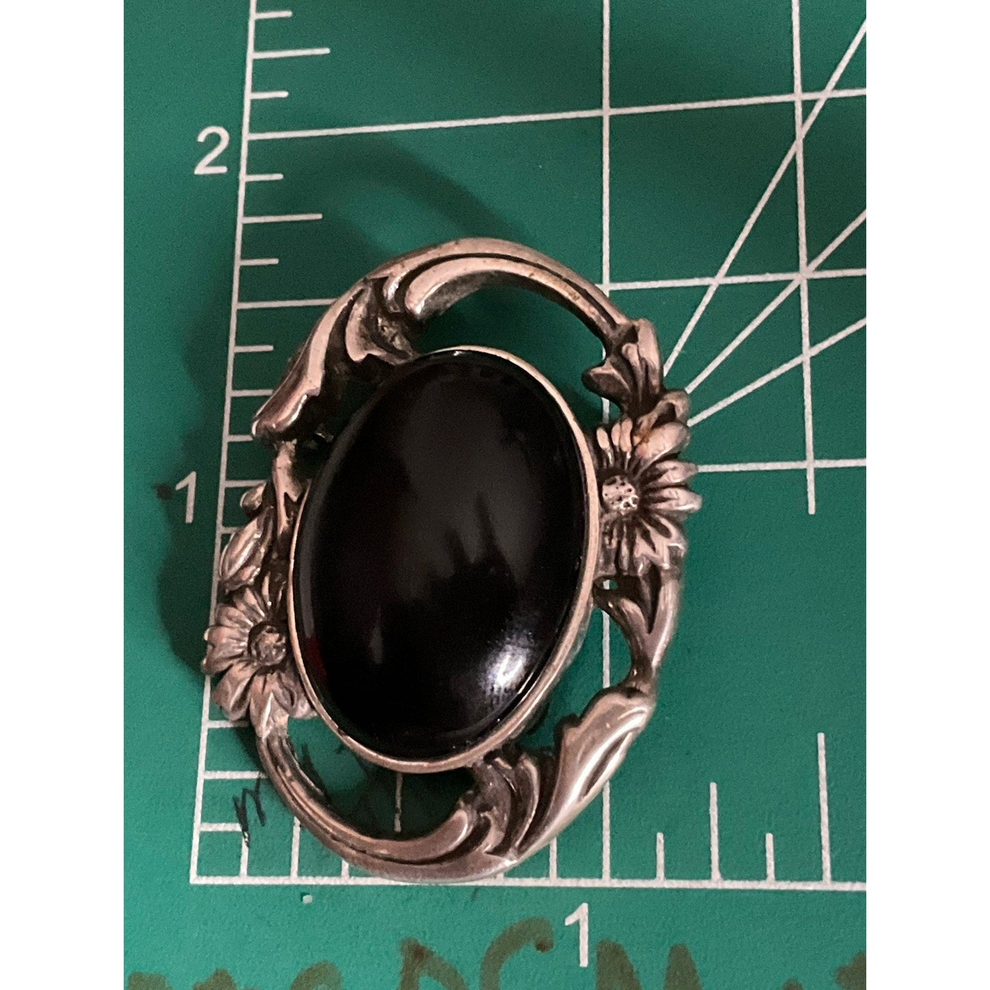 Vintage J Kalina Sterling Silver Floral Brooch with Black Onyx Cabochon 12.5g