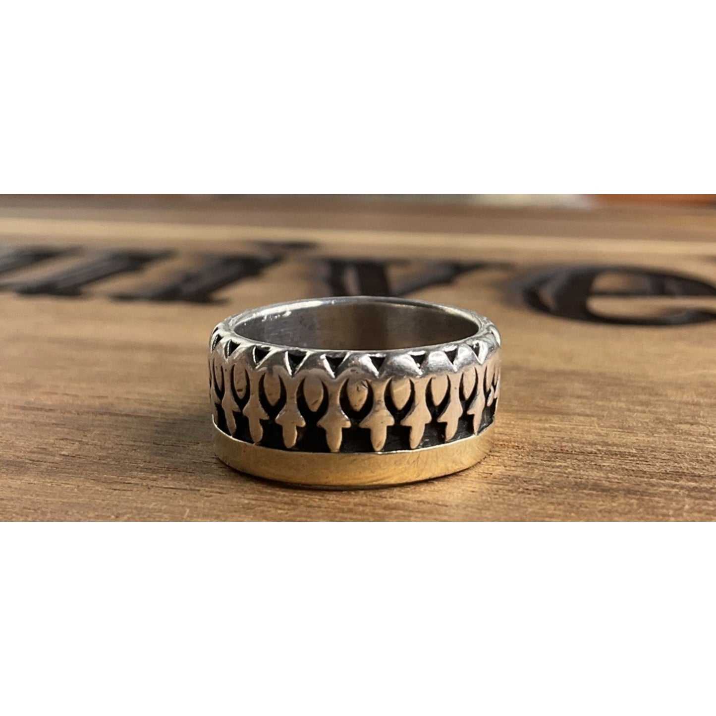 Vintage Egyptian Ankh Sterling Silver & 14K Band Ring Wide Band Size 5.5