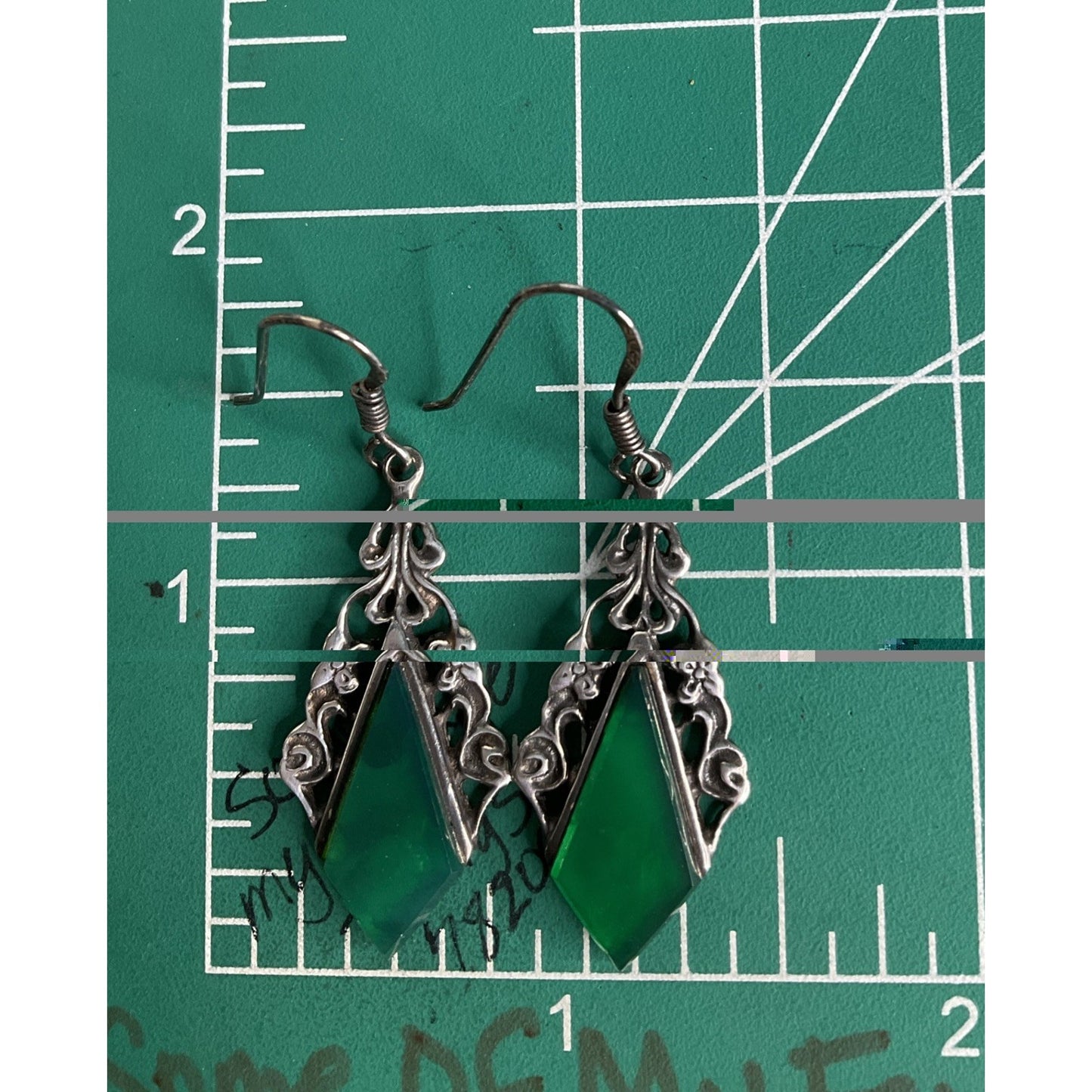 Vintage Green Onyx Art Nouveau Vines Sterling Silver Earrings