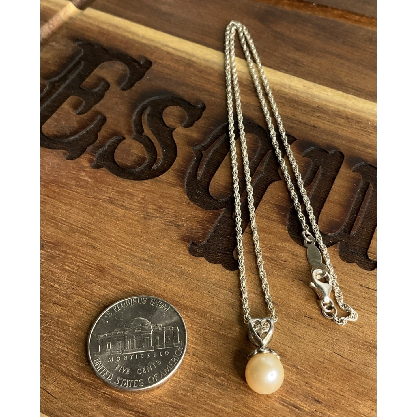 Sterling Silver 925 Pearl Necklace Cream Pearl Pendant 18”