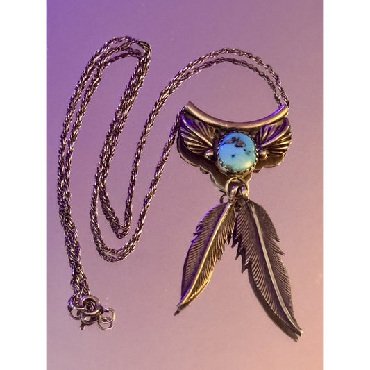 Vintage Sterling Silver Turquoise Wing Feather Pendant Necklace 16” 2.25” Tall