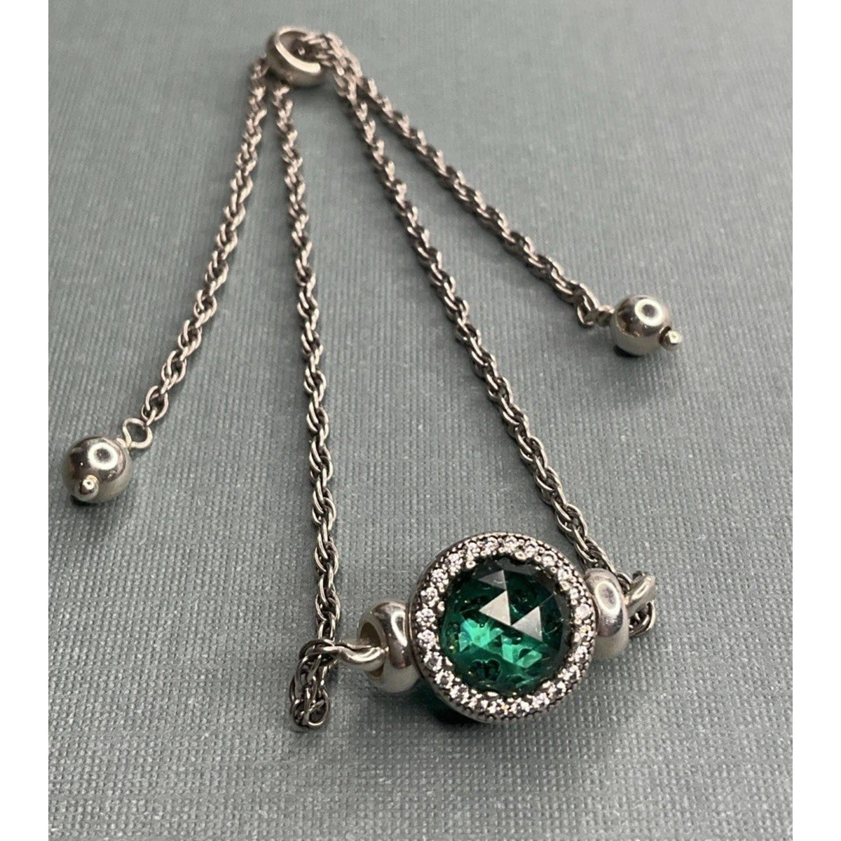 PANDORA ALE Sterling Silver Green Crystal Halo Slider Bracelet 6g