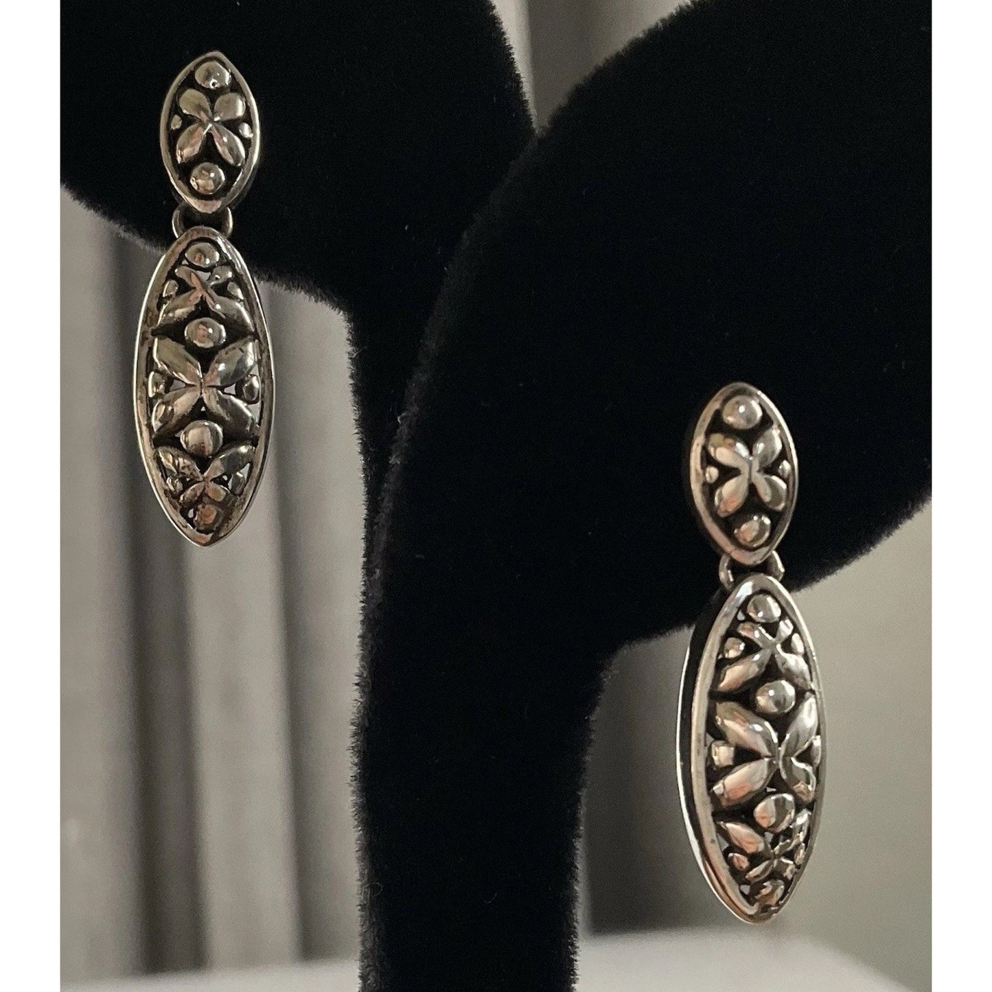 Sterling Silver Bali Style Floral Dangle Earrings 925 Boho Drop 7gr