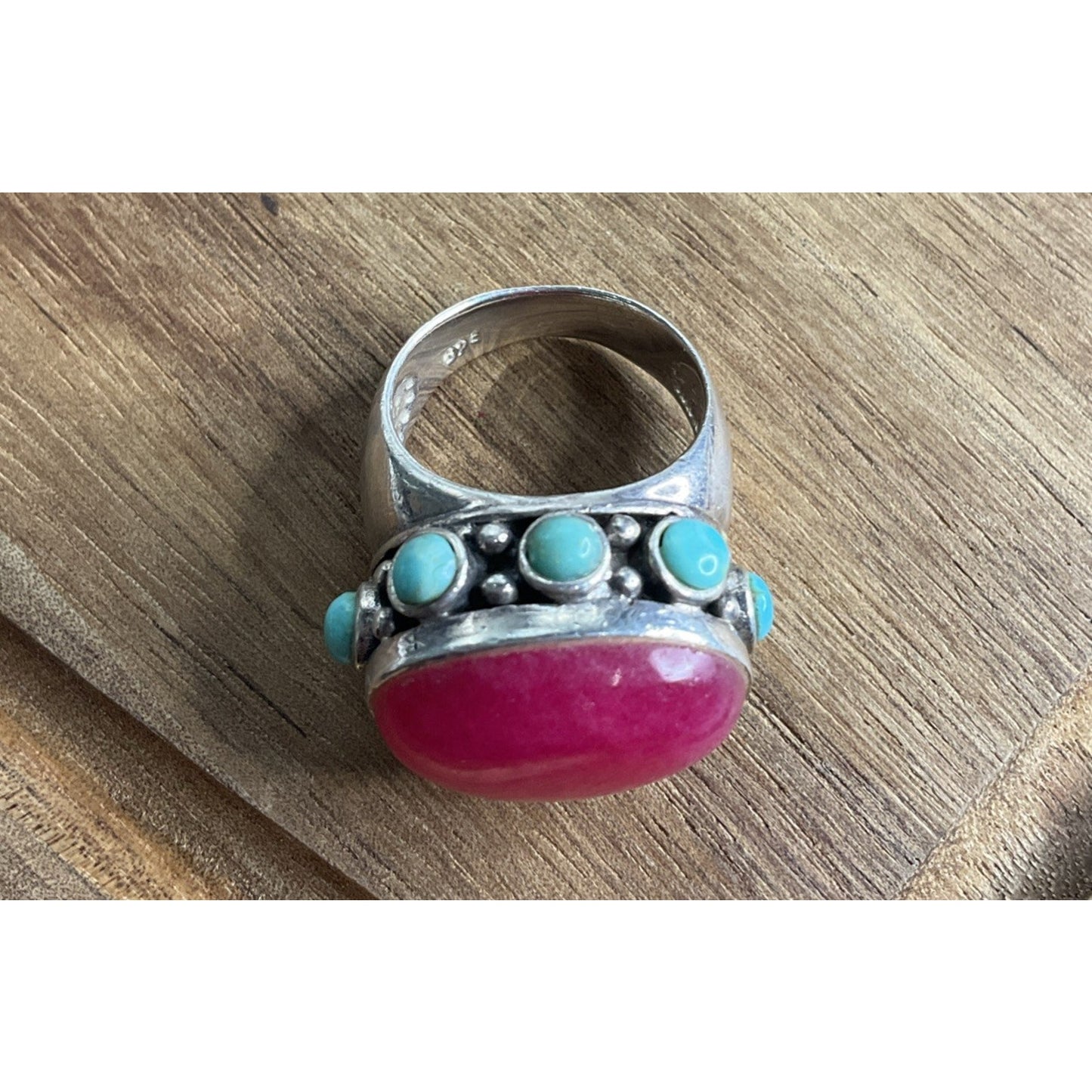 Sterling Silver 925 Pink Stone Turquoise Ring Statement Wide Band Size 5.5