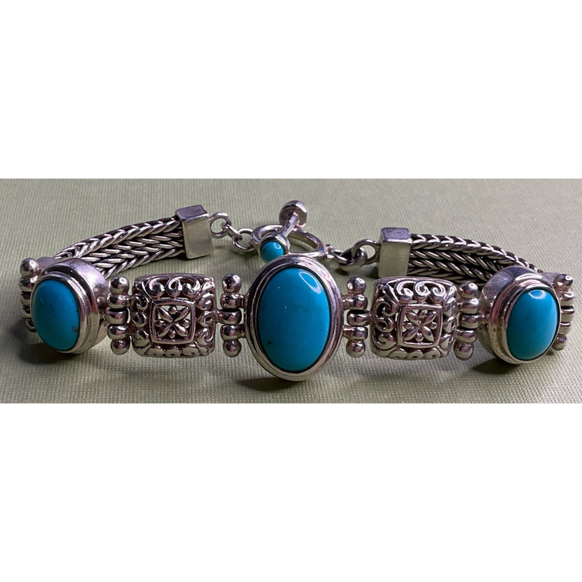 Vintage 925 Sterling Silver Turquoise Bracelet Ornate Filigree Woven Chain 30gr