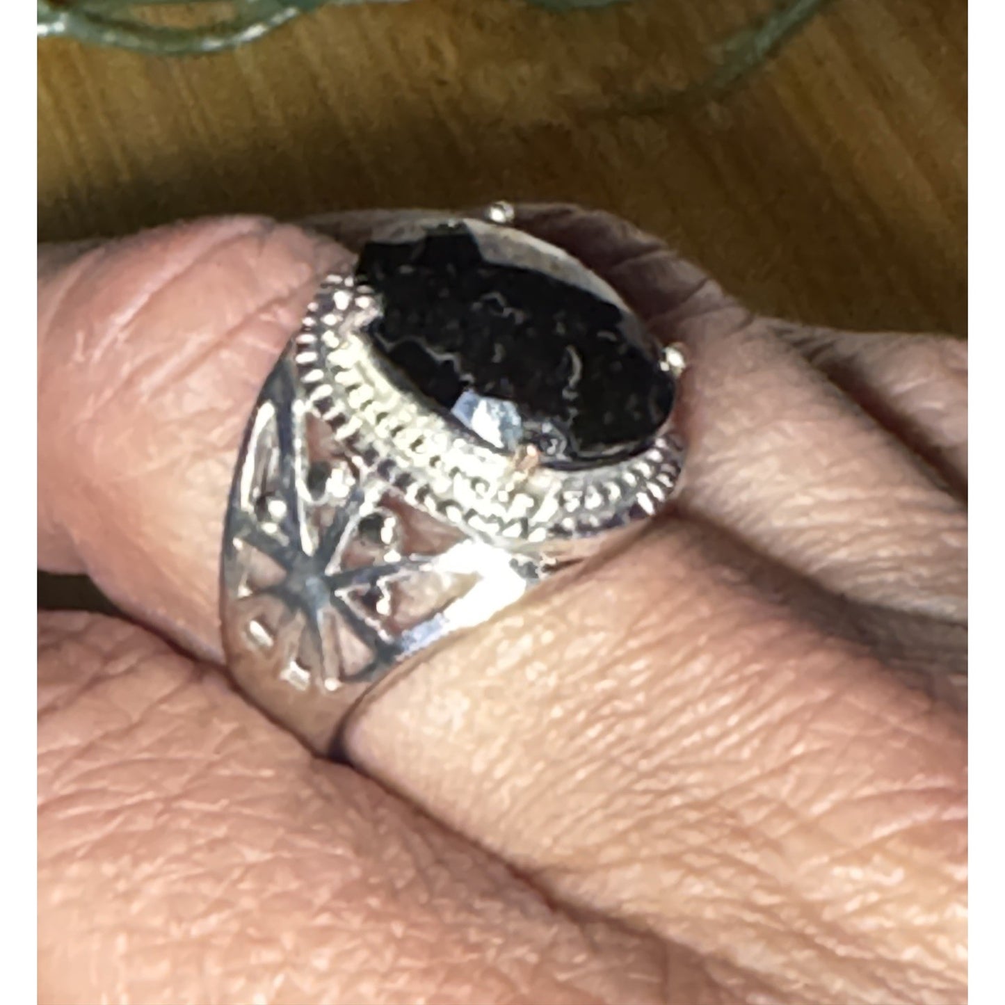 Vintage 925 Sterling Silver Faceted Black Onyx Filigree Statement Ring Size 7