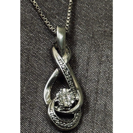 925 Sterling Silver Genuine Diamond Infinity Swirl Pendant Necklace 18” Italy 9g