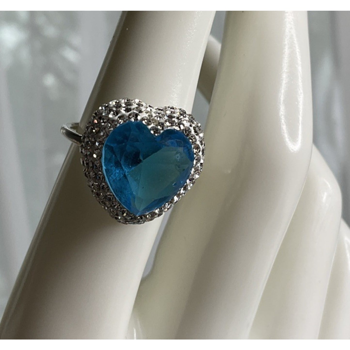 Sterling Silver Blue Heart Ring Adjustable Size 7 CZ Halo Romantic Gift Ring 925