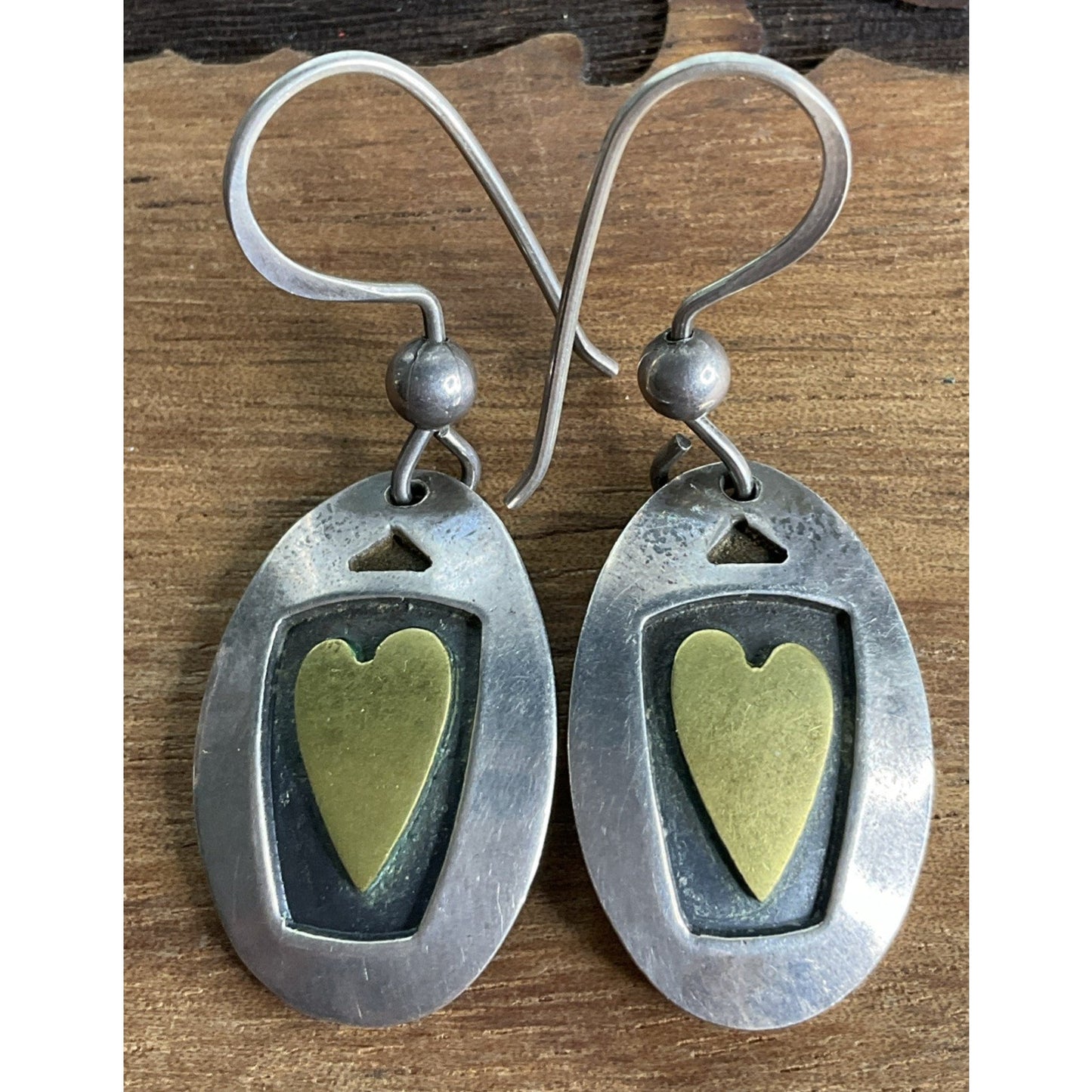 Vintage Two Tone Heart Sterling Silver And Gold Dangle Drop Earrings Signed FF