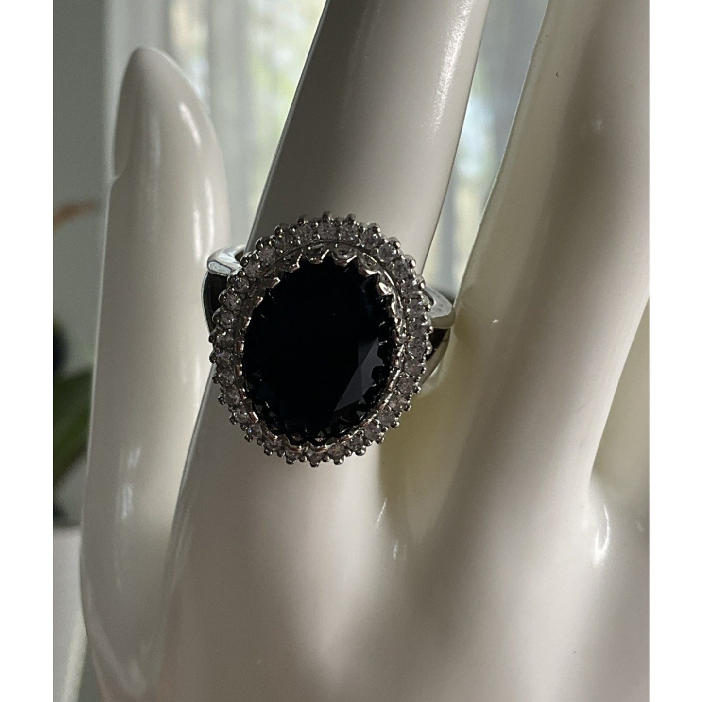 Sterling Silver Black Onyx Ring Size 9 Large Oval Halo CZ Statement Ring 925