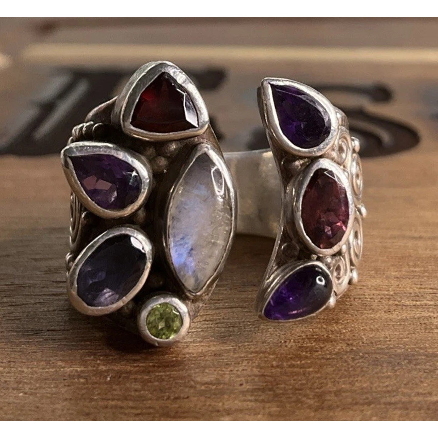 Sajen Sterling Silver Multi Gemstone Ring Amethyst Garnet Moonstone Size 6.5