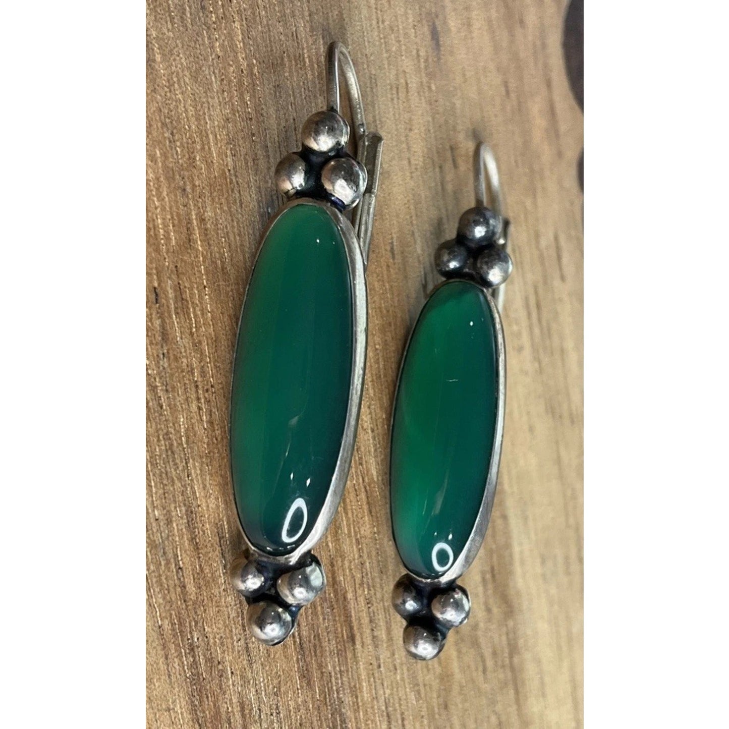Vintage Sterling Silver Green Stone Bar Dangle 925 Earrings Boho Southwestern
