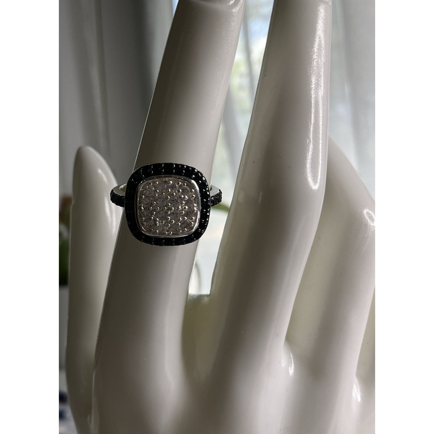 Sterling Silver Black & White CZ Halo Square Cushion Cluster Ring Size 7
