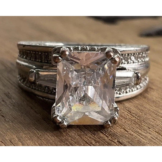 Large Square Cut CZ Ring Multi Band Sterling Silver Statement Ring 8.5