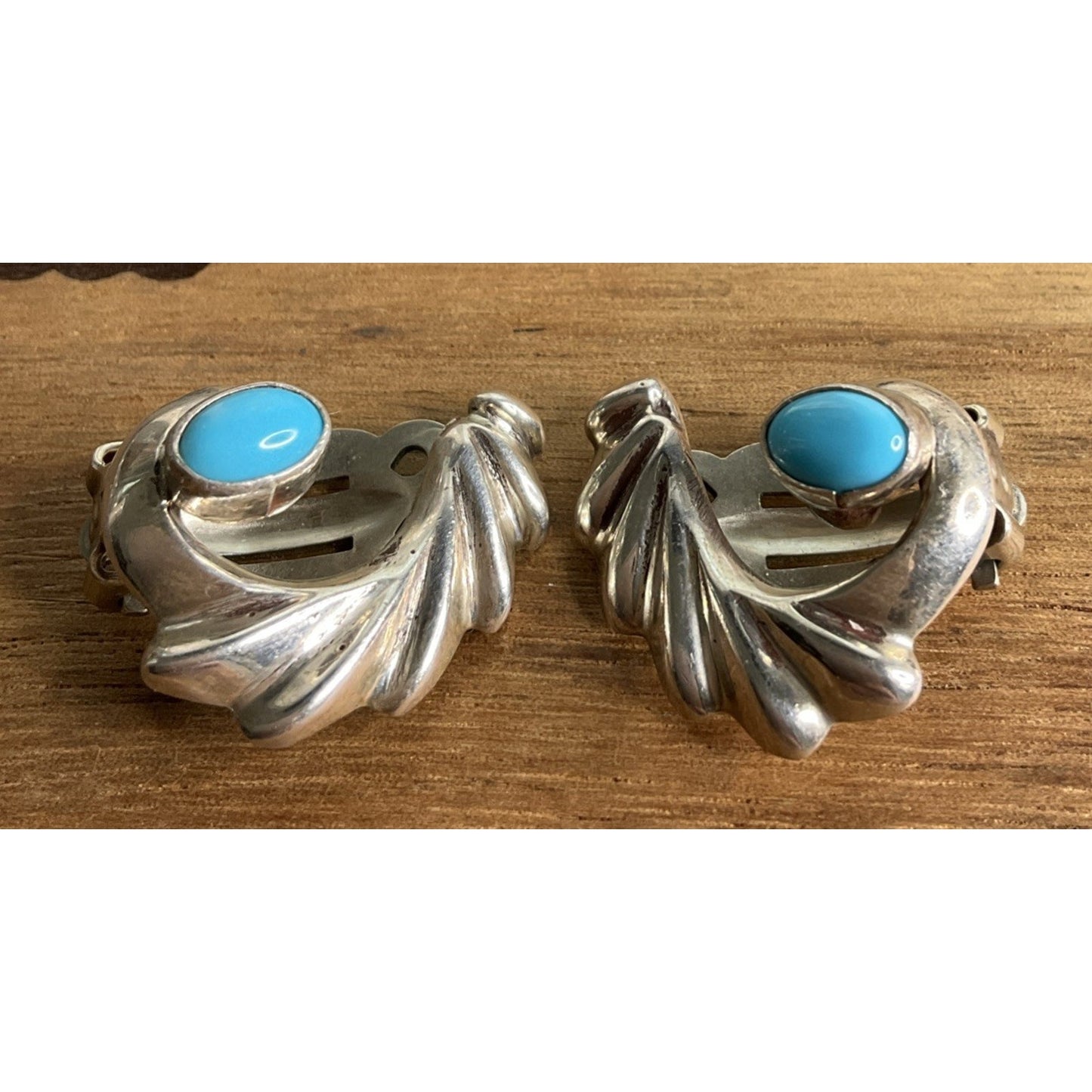 Vintage Robins Egg Turquoise Clip On Sterling Silver Earrings Fan Shell 11 Grams