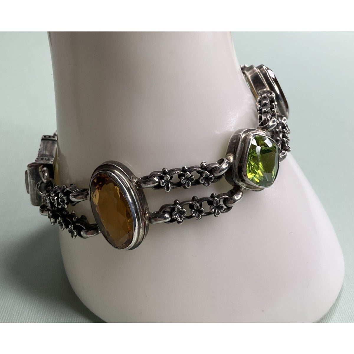 Vintage Sterling Silver Citrine Peridot Gemstone Double Chain Bracelet