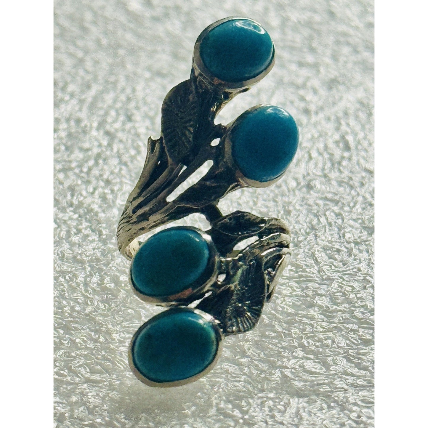 Vintage 925 Sterling Silver Long Turquoise Cabochon Statement Ring Size 7.5