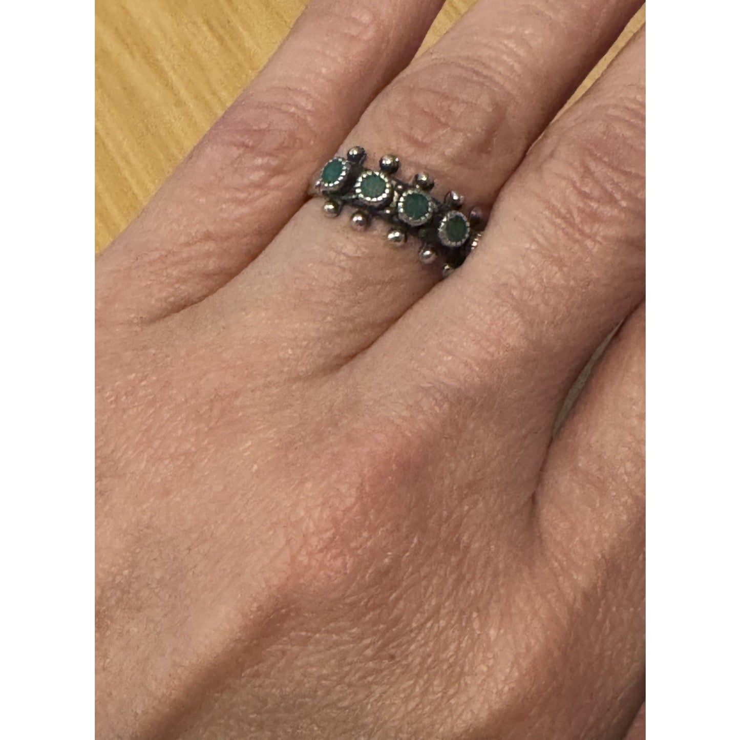 Vintage Sterling Navajo Sterling Green Turquoise Snake Eye Beaded 925 Ring Sz 6