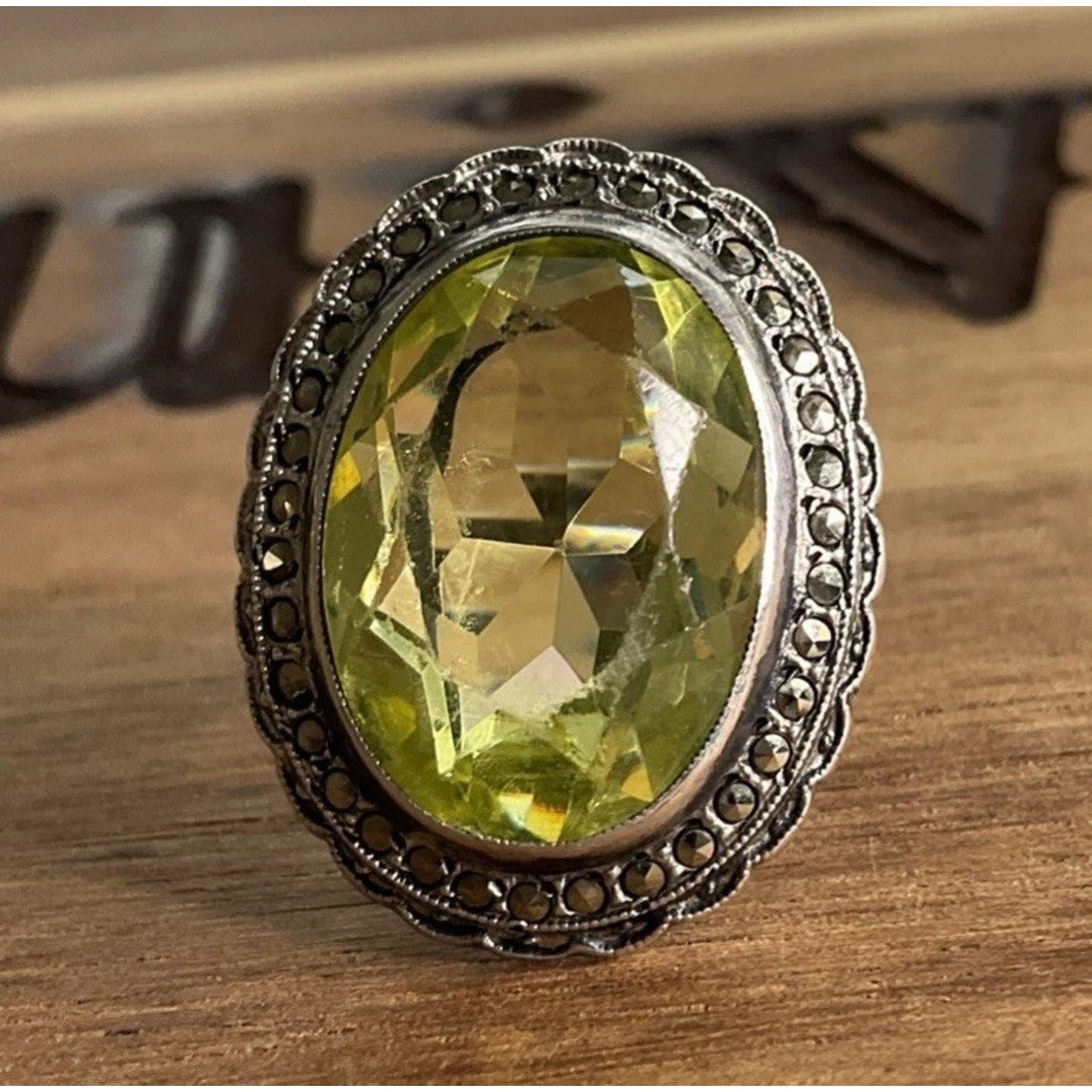 Vintage Sterling Silver Peridot Ring Size 5 Oval Yellow Green Gemstone Size 5
