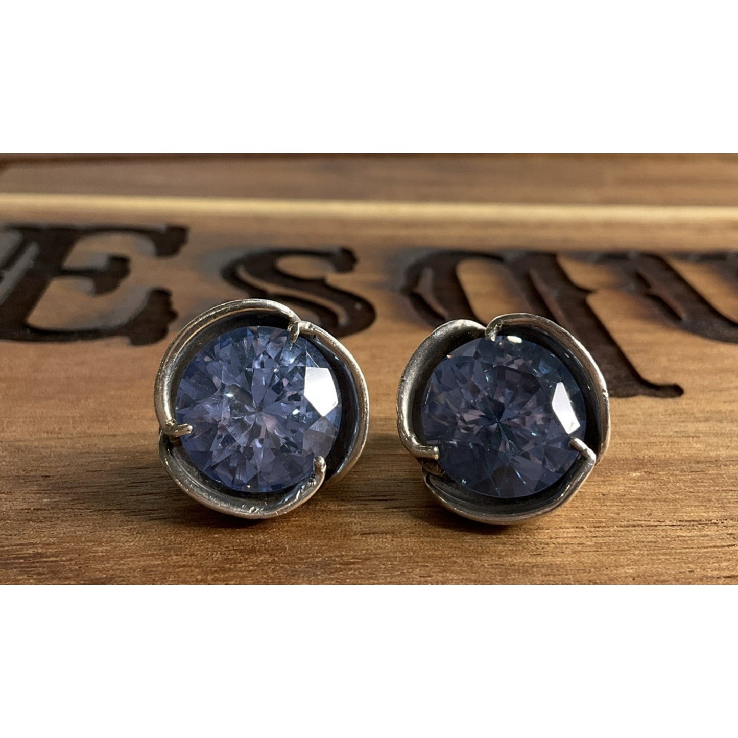 Sterling Silver Blue CZ Stud Earrings Large Round Faceted Sapphire Color