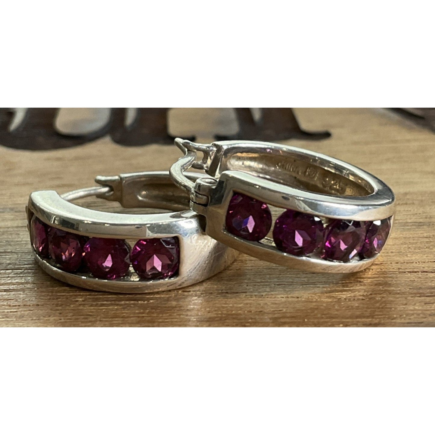 Vintage Sterling Silver Amethyst Purple gemstone Hoop Huggie Earrings