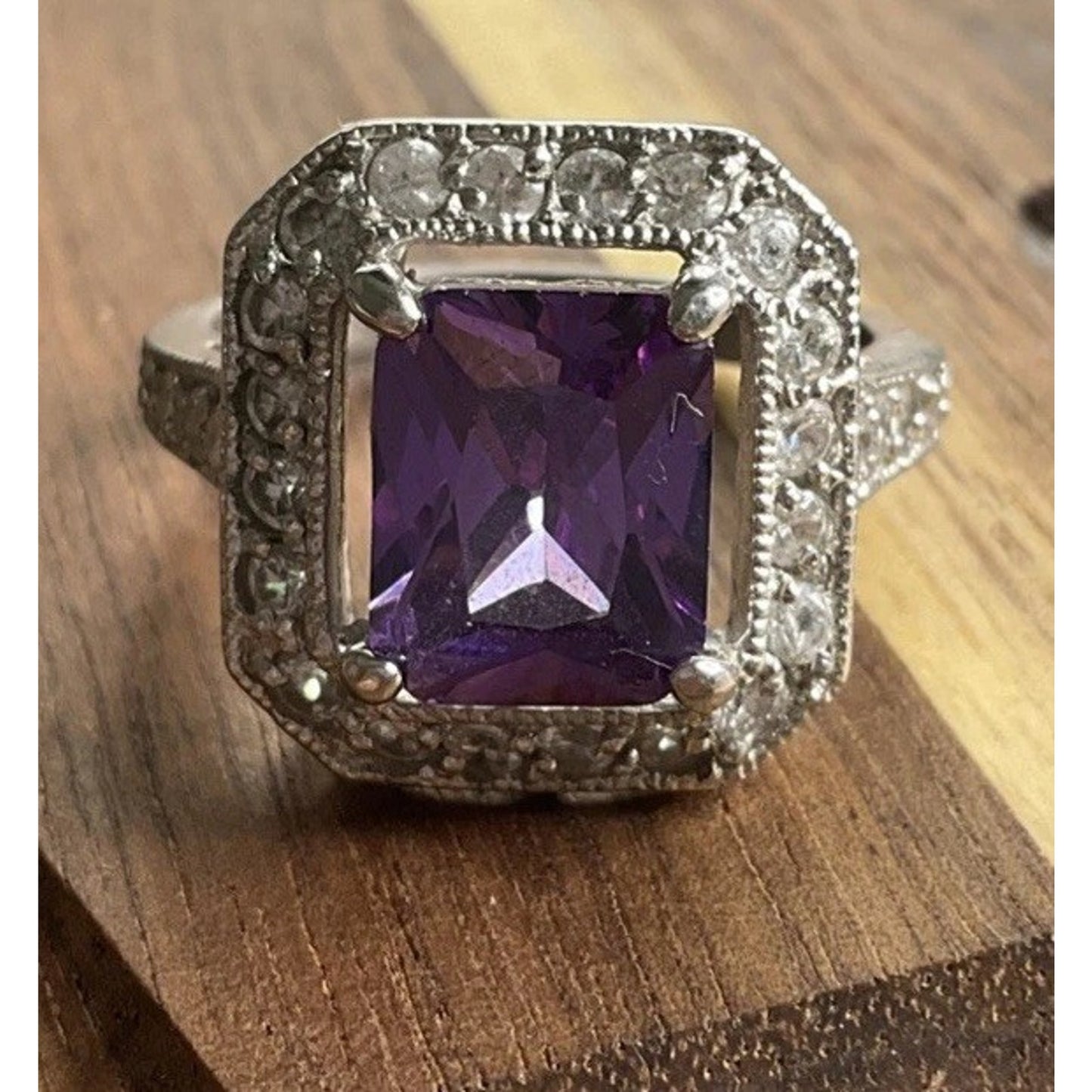 Art Deco FAS 925 Sterling Silver Amethyst CZ Ring Size 8.5 Vintage