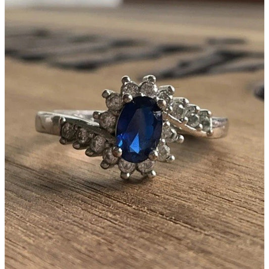 Vintage Sterling Silver Blue Sapphire Color Halo CZ Size 6 Art Deco Style Sz 6