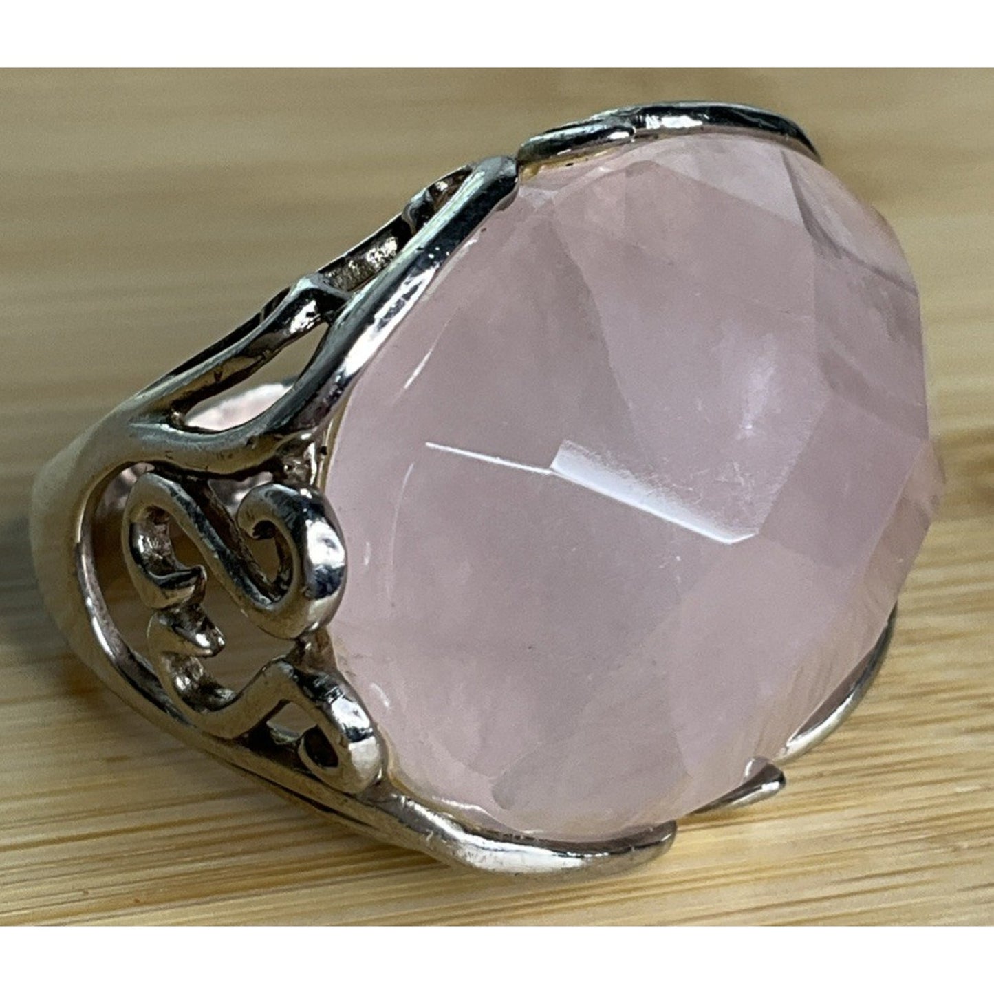 Vintage Sterling Silver Pink Faceted Rose Quartz Statement Ring Size 8.5