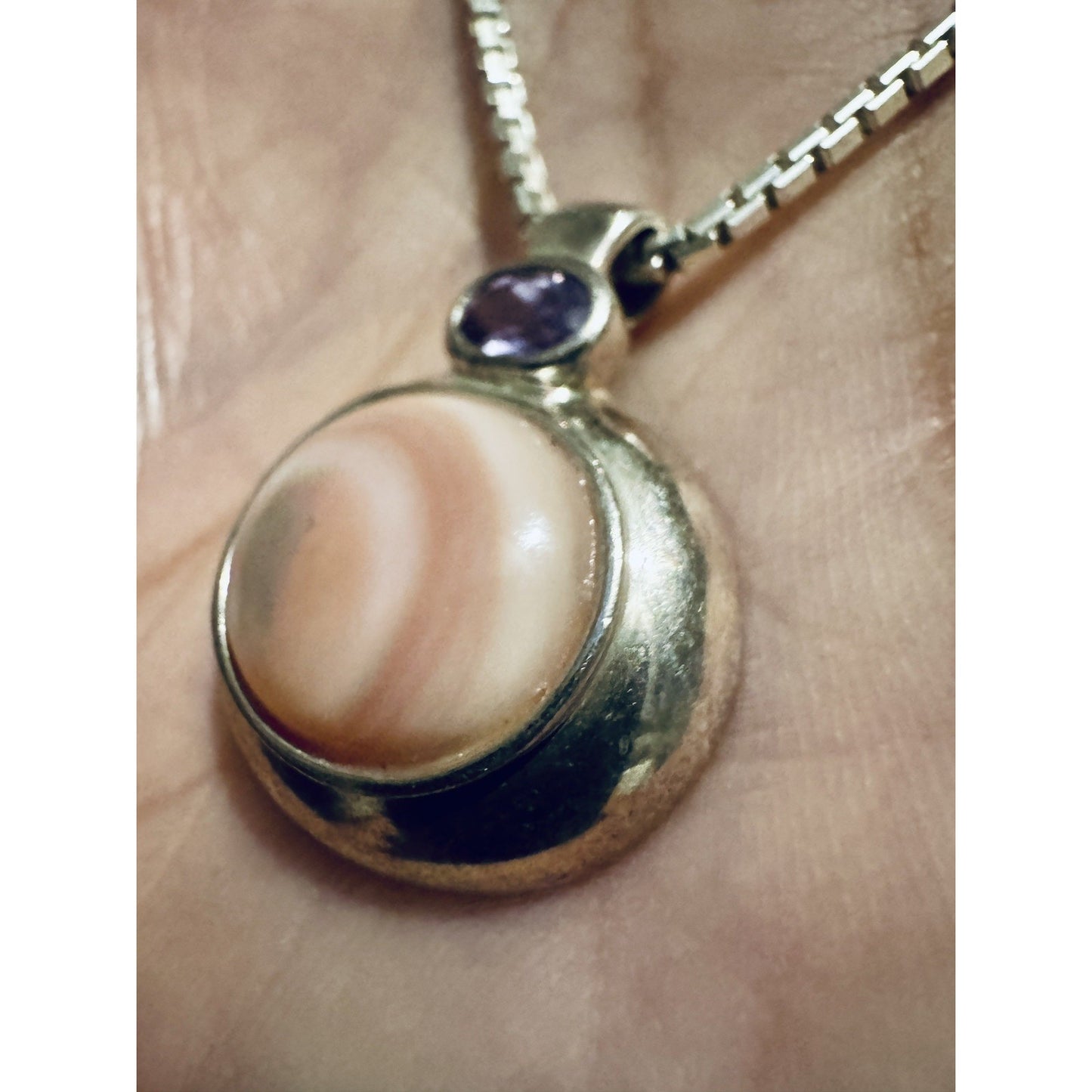 Vintage 925 Amethyst Mother Pearl With Necklace 7g FAS Italy Mirror Box Chain 16