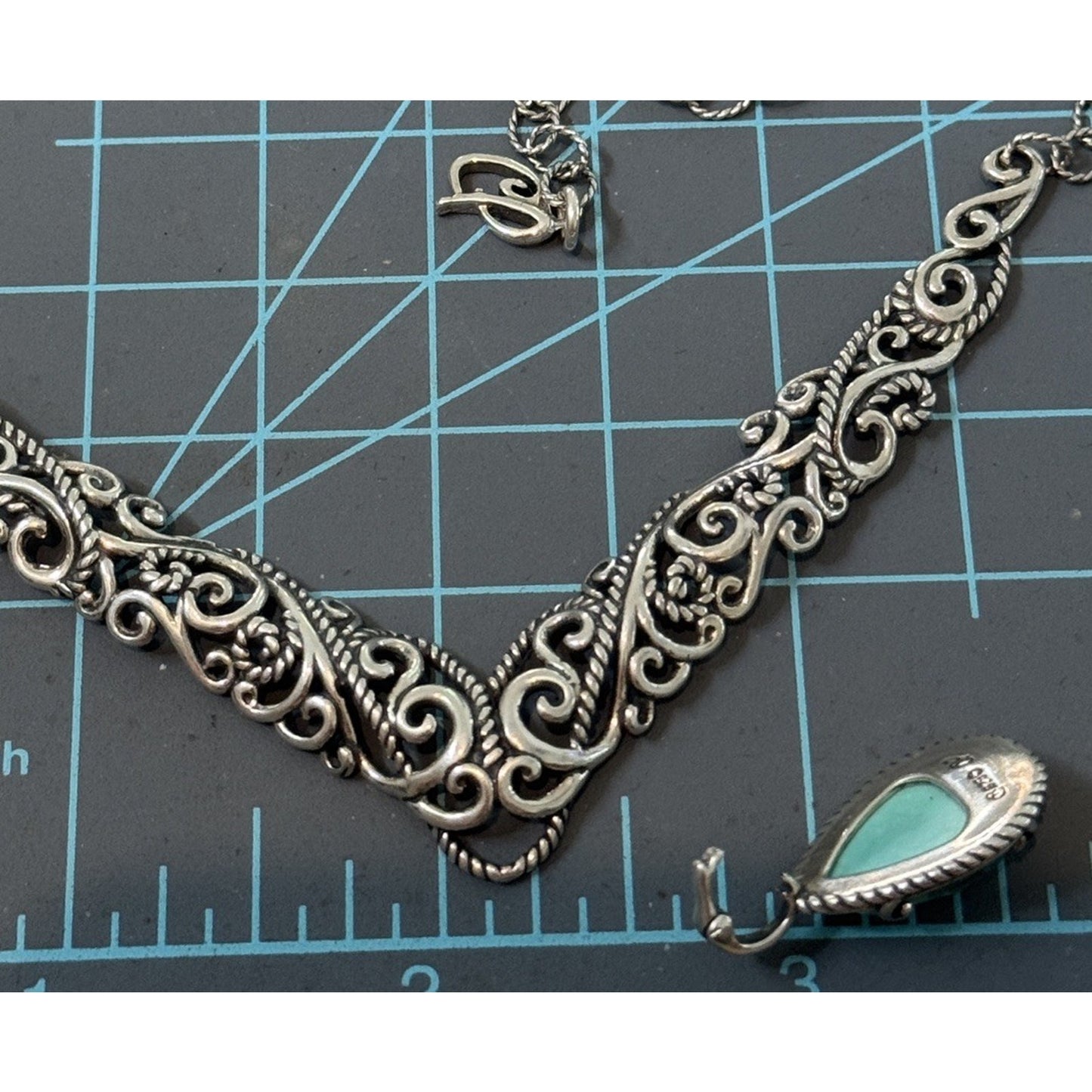 New Carolyn Pollack Sterling Silver Turquoise Doublet Scroll Rope Bar Necklace