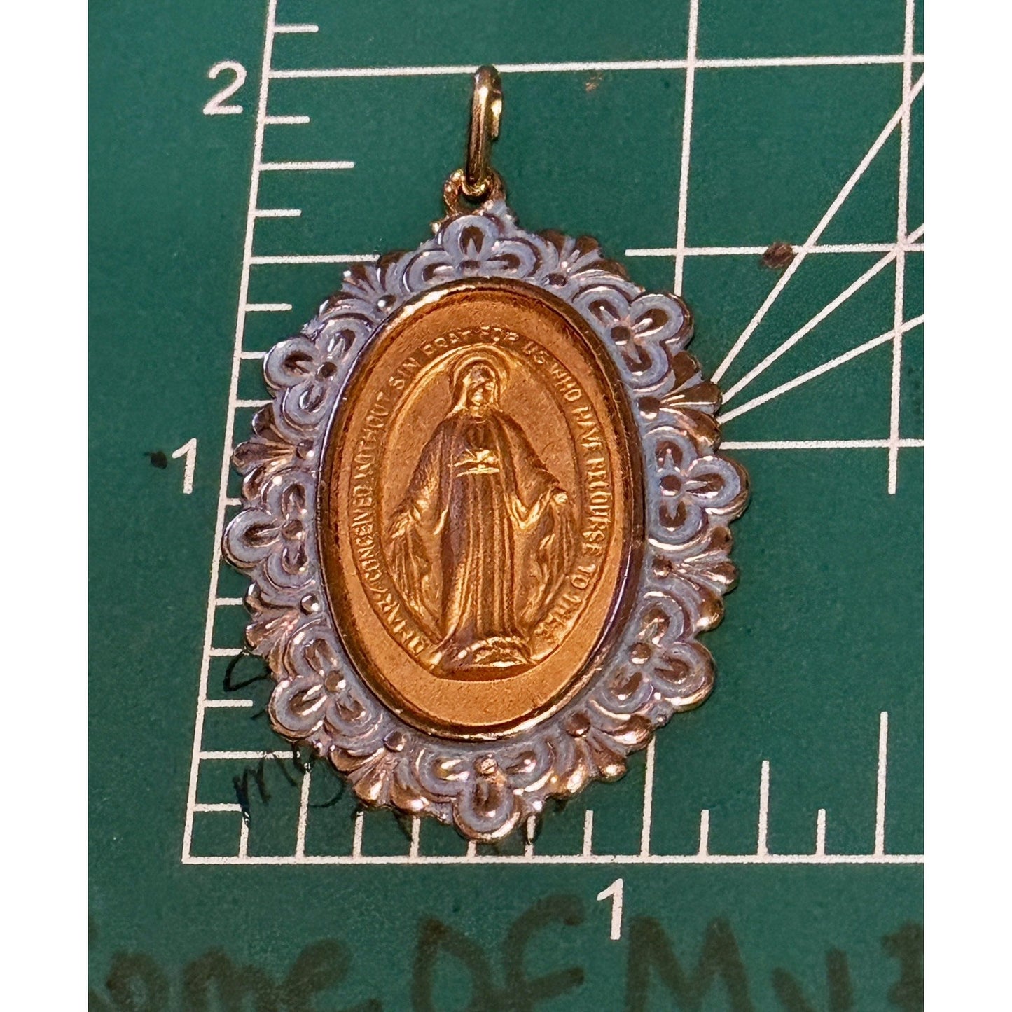 Vintage Germany Miraculous Medal Virgin Mary Gold Tone Blue Enamel Pendant