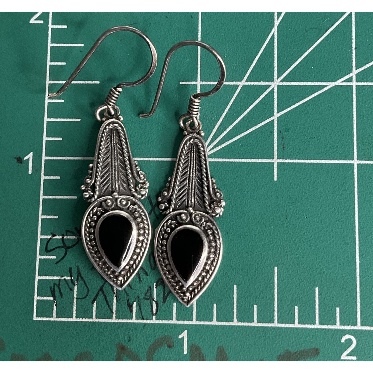 Vintage Boma Sterling Silver Black Onyx Teardrop Bali Style Dangle Drop Earrings