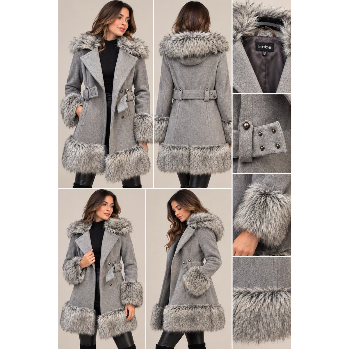 Bebe Women’s XS Gray Faux Fur Trim Long Coat Belted Statement Winter Jacket