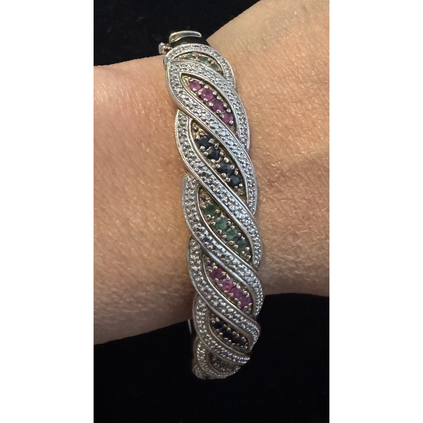 Sterling Creations 925 Silver Hinged Bangle Bracelet Rubies Emeralds Sapphires