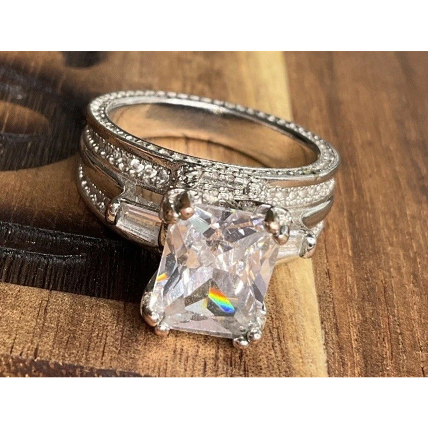 Large Square Cut CZ Ring Multi Band Sterling Silver Statement Ring 8.5