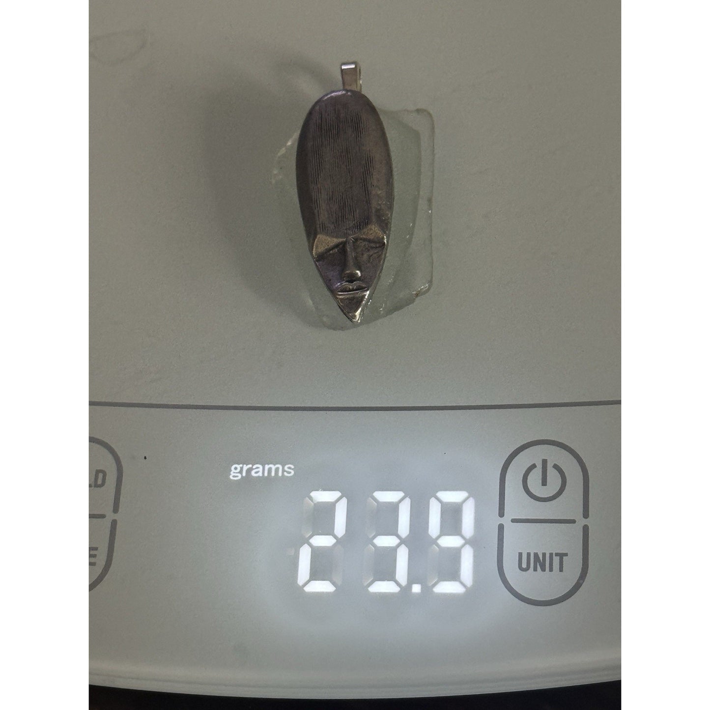 Artisan Sterling Silver 925 Tribal Mask Pendant on Thick Clear Glass Base 23.9g