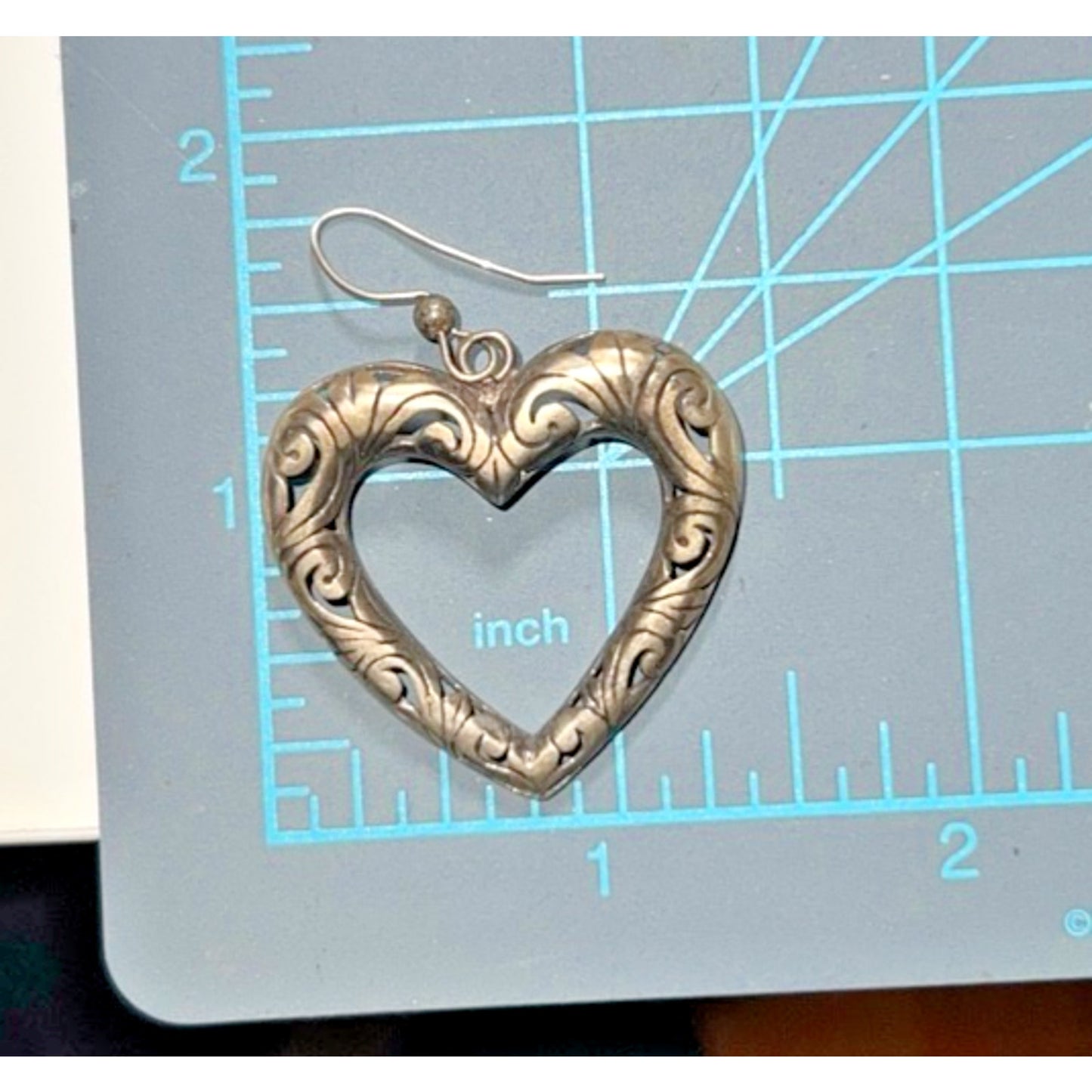Vintage Sterling Silver Heart Dangle Earrings – Ornate Scroll Design ~1.5” , 11g