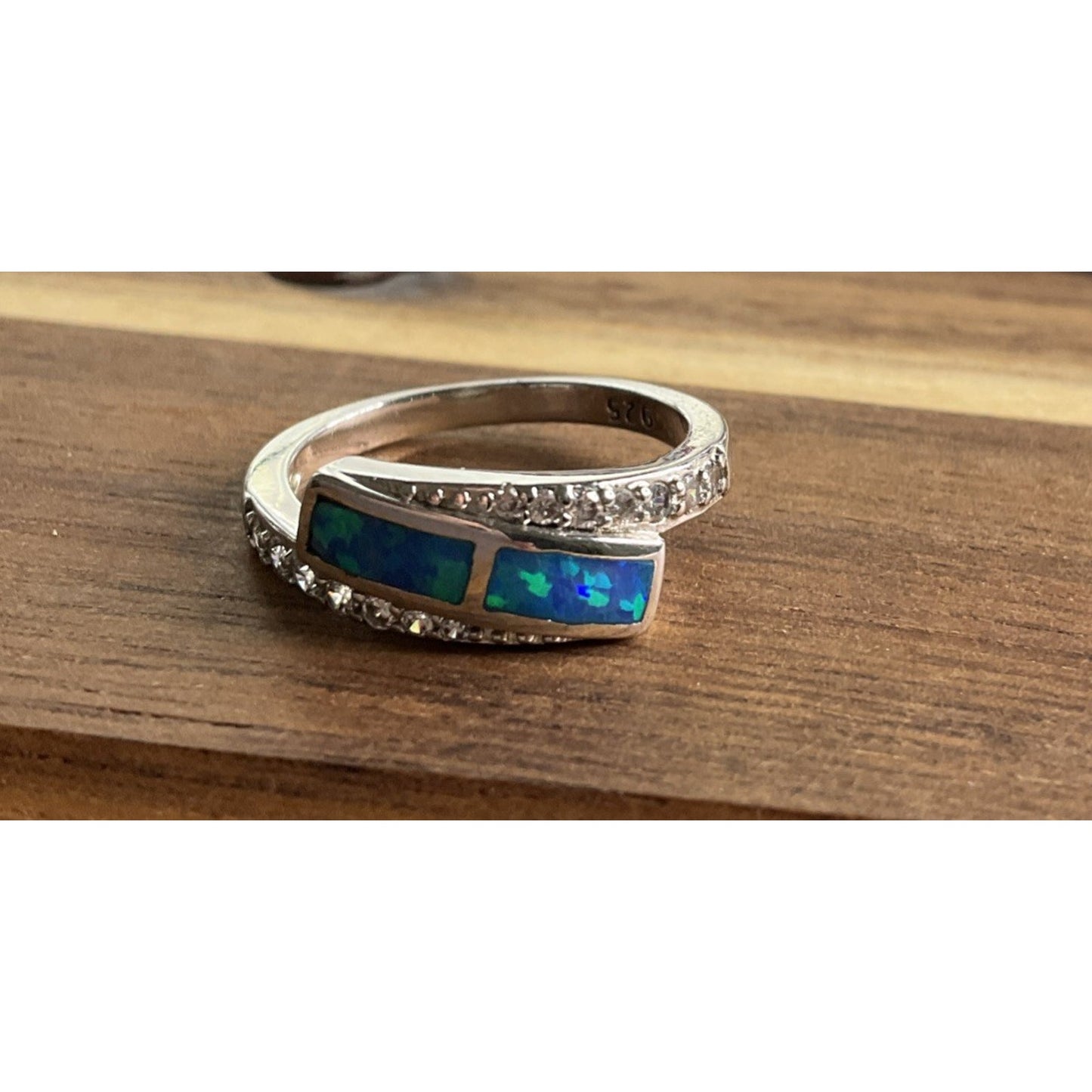 Sterling Silver Blue Opal Inlay Ring Size 6 CZ Accent Wrap Ring