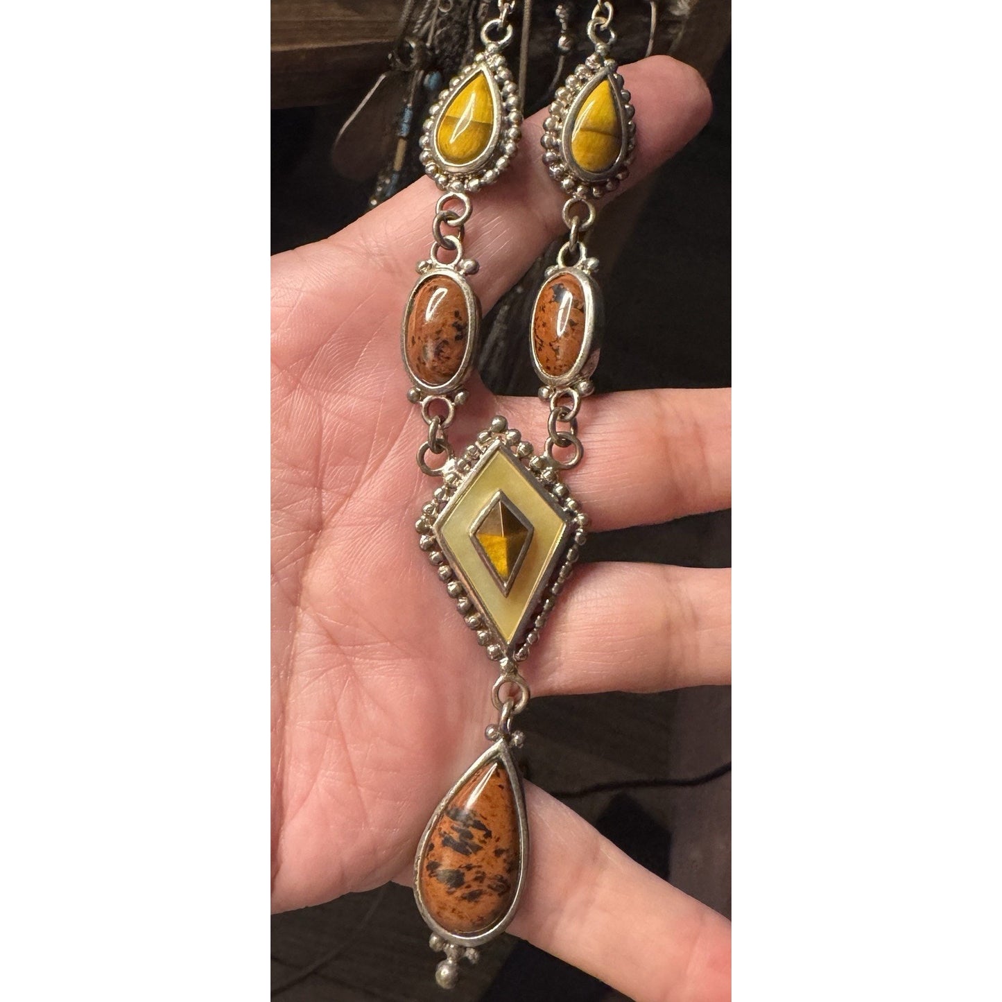 Vintage Whitney Kelly Necklace Sterling 925 Tigers Eye Jasper MOP Beaded Y Drop