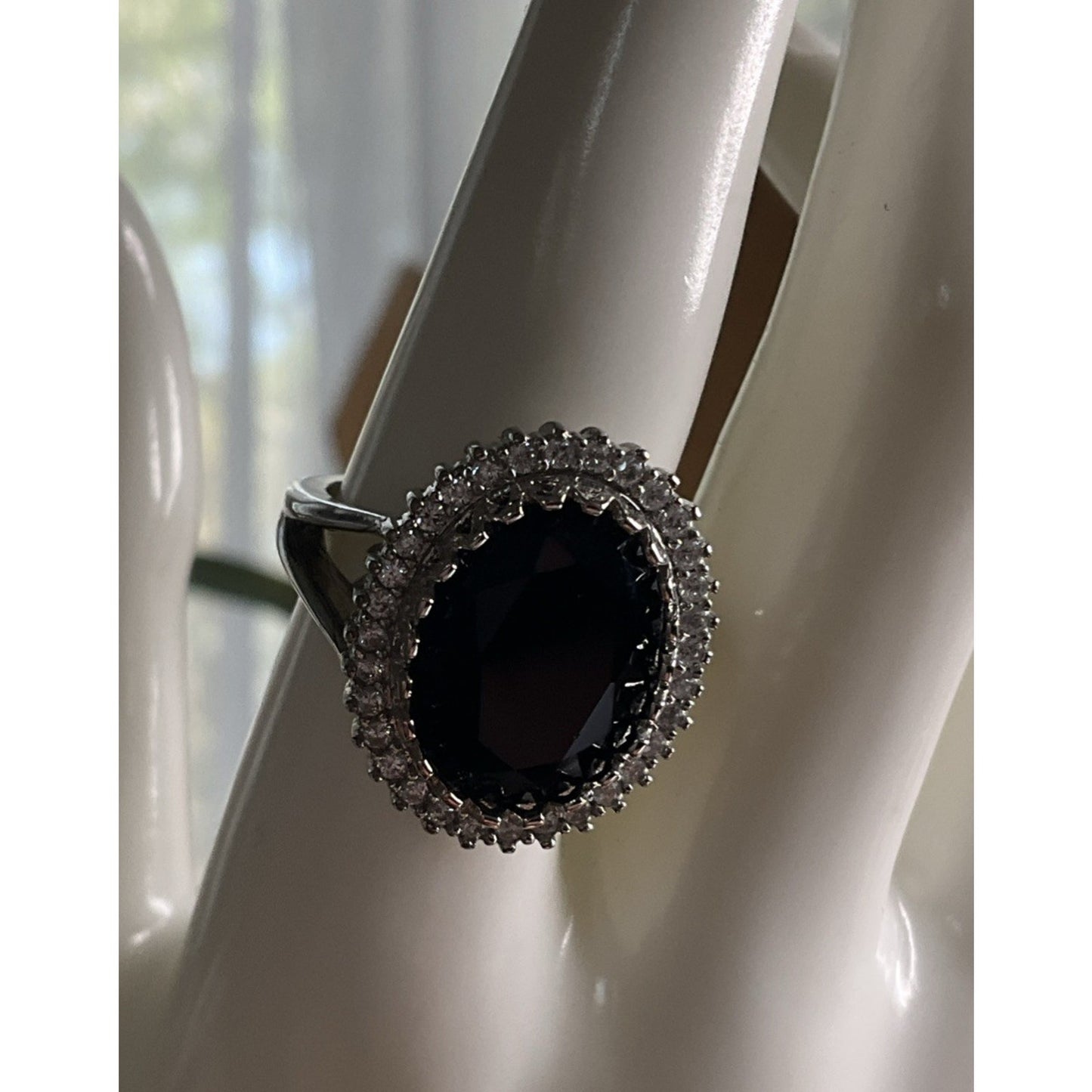 Sterling Silver Black Onyx Ring Size 9 Large Oval Halo CZ Statement Ring 925