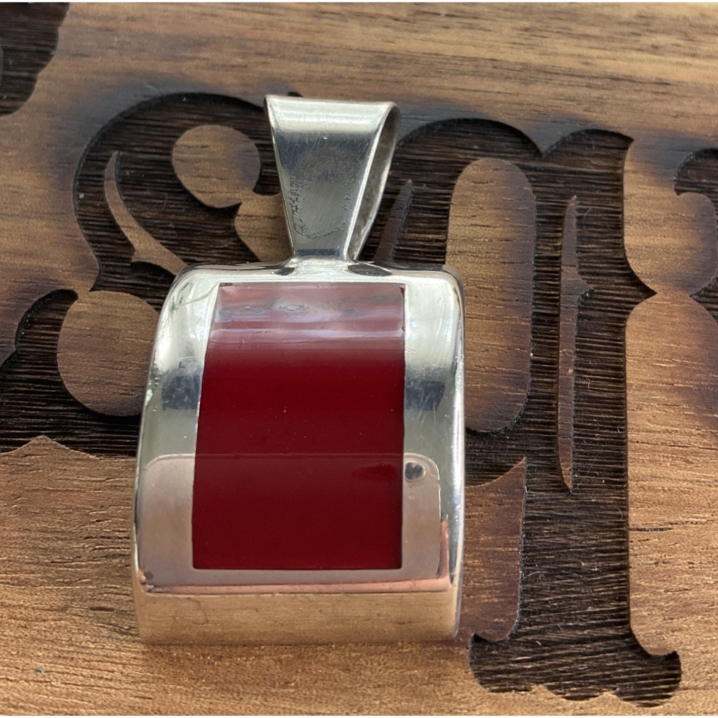 Heavy Sterling Silver Red Stone Pendant 925 Modern Rectangular Statement