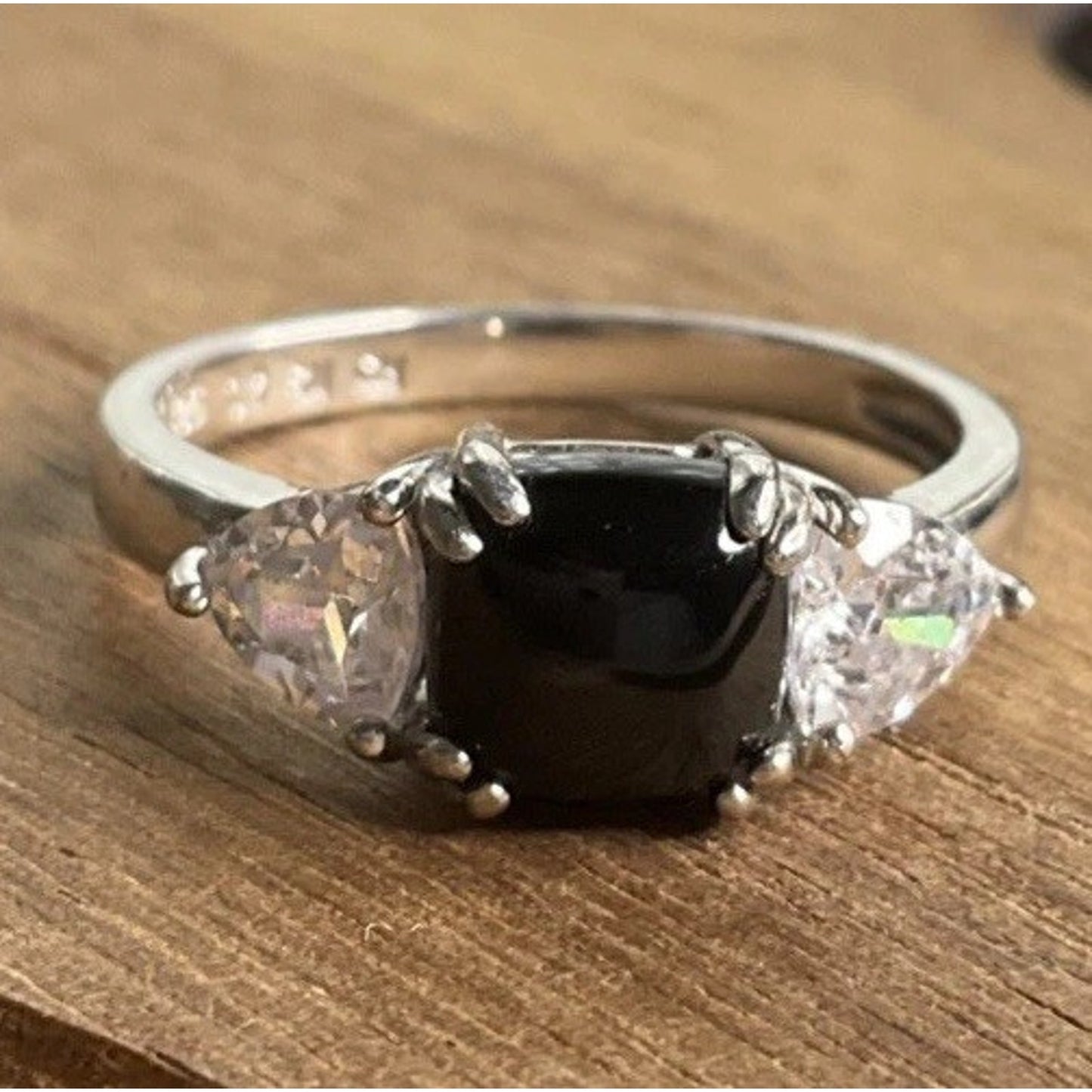 Sterling Silver Black Onyx & 3 Stone Ring Emerald Cut Trillion Accent Size 7.5