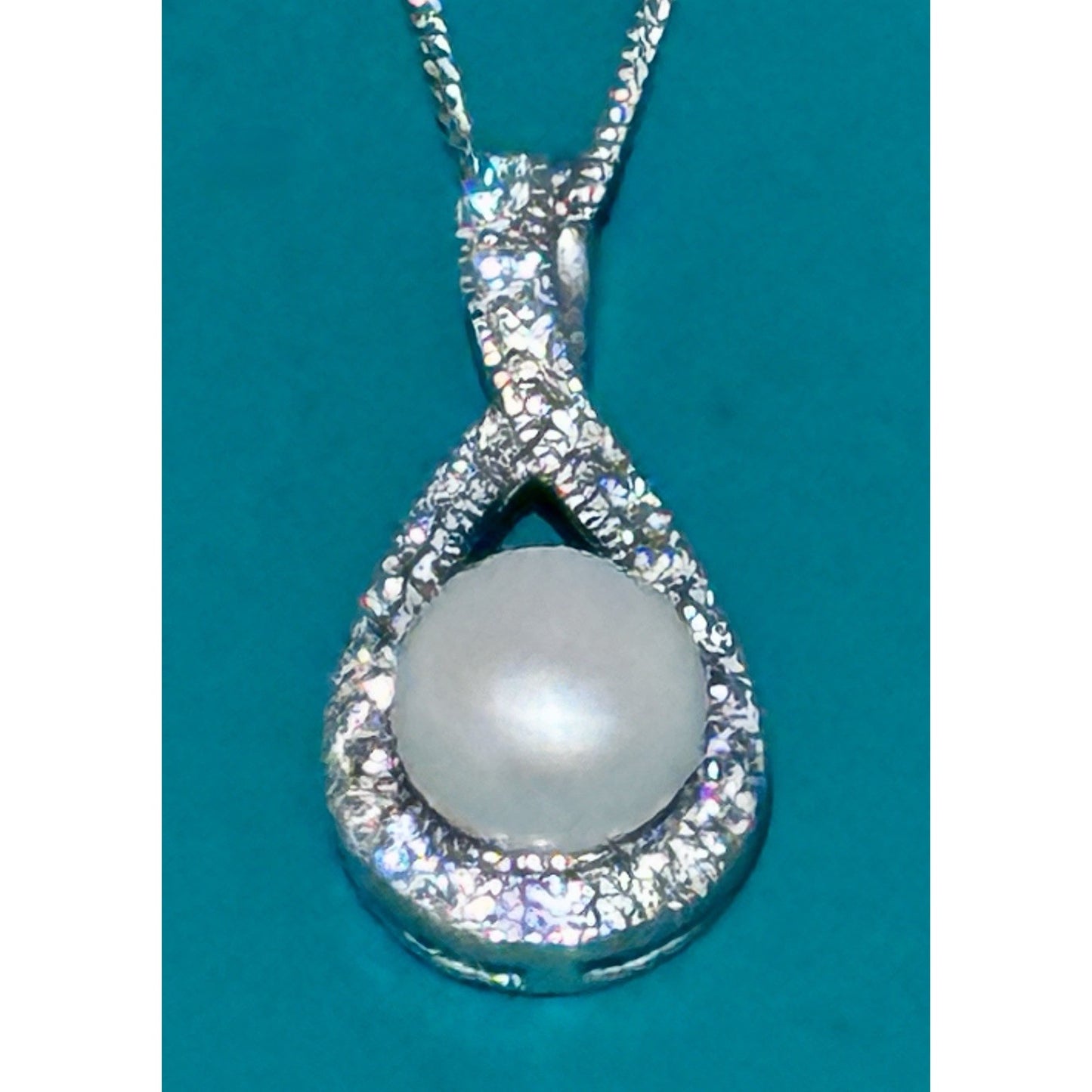 Genuine 10mm Pearl CZ Teardrop Necklace RJ 925 Sterling Silver 17”