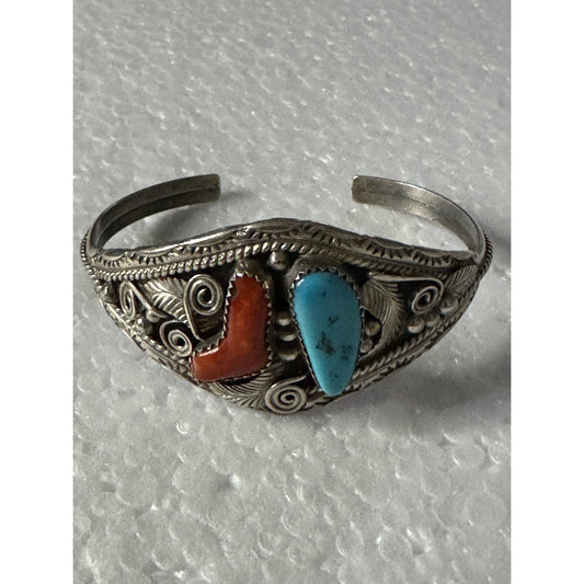 Vintage Signed Justin Morris Navajo Sterling Turquoise Coral Cuff Bracelet