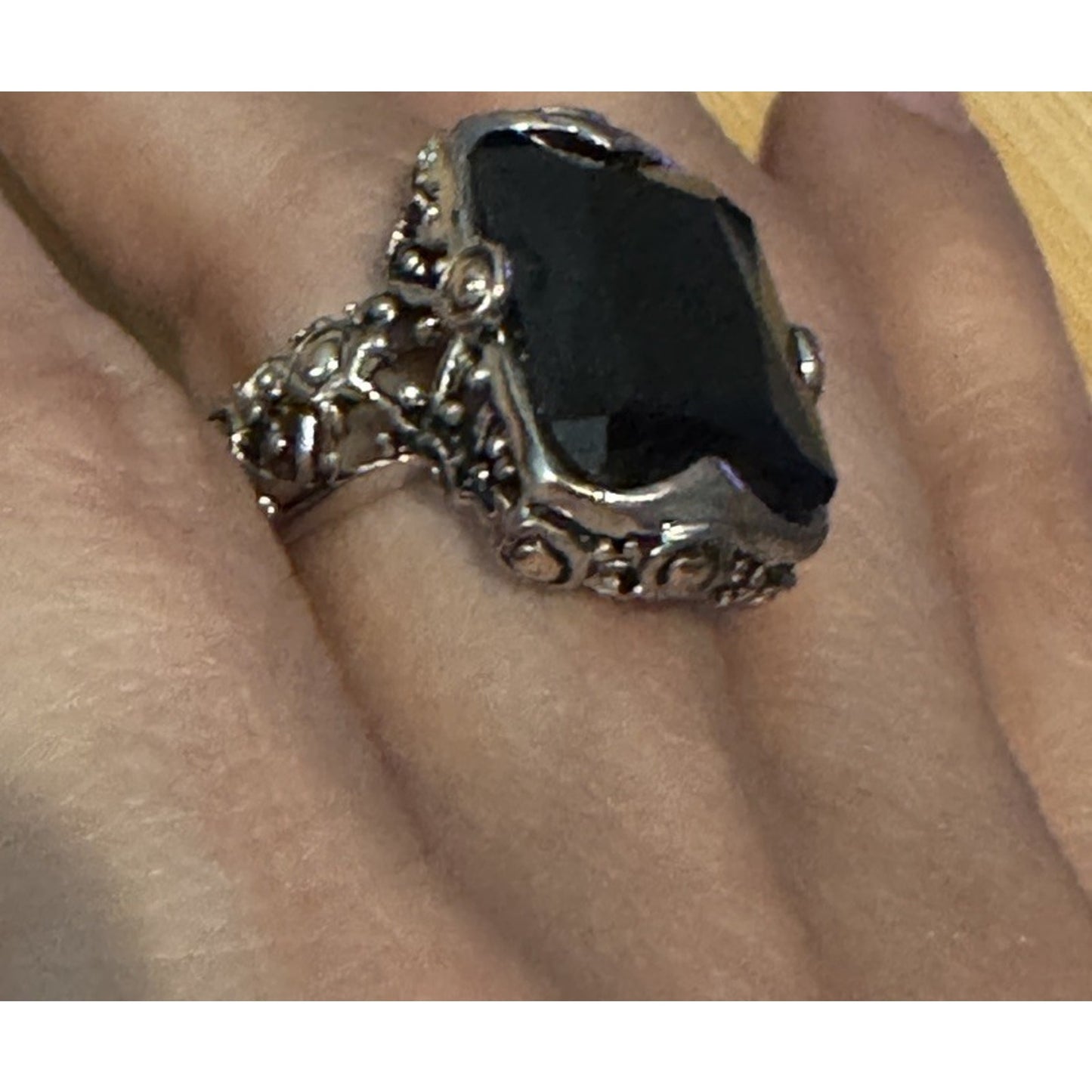 Vintage 18K GE Black Faceted Stone Cocktail Ring Gothic Victorian Revival Sz 8.5